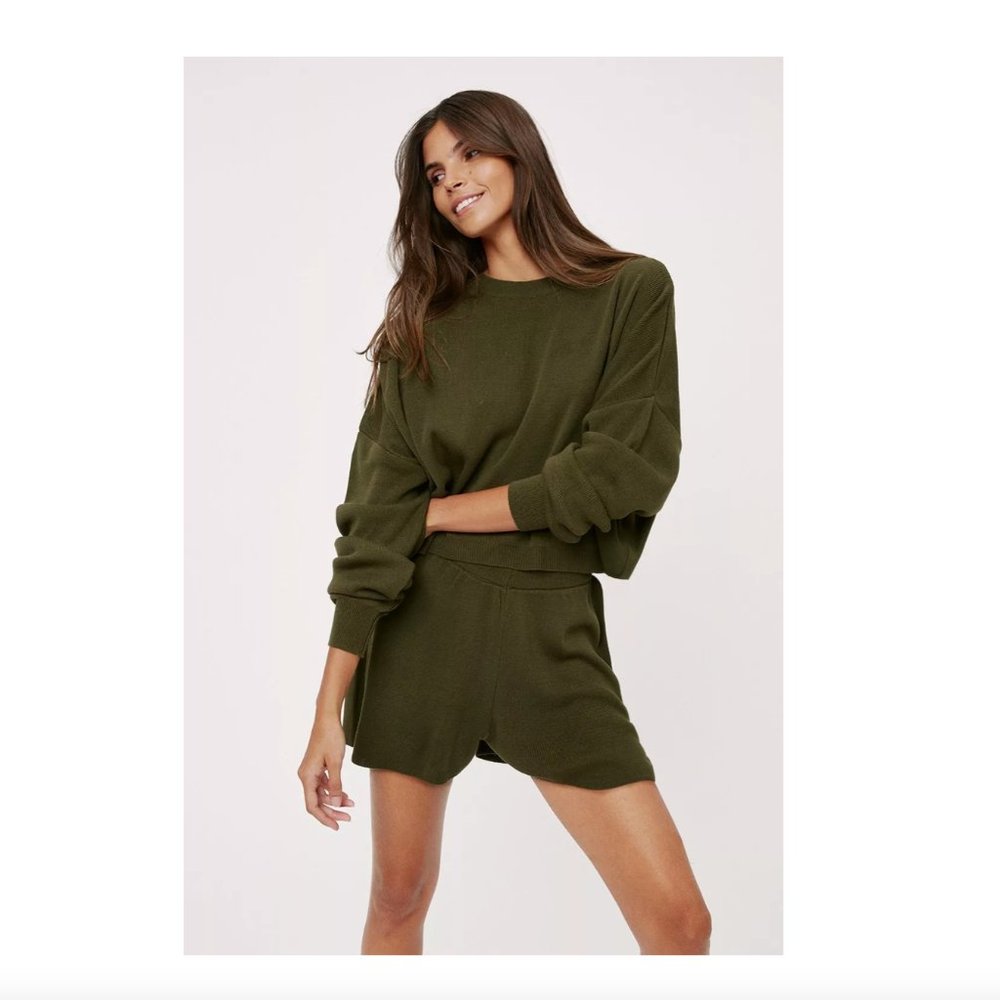 Olive green ribbed knit shorts